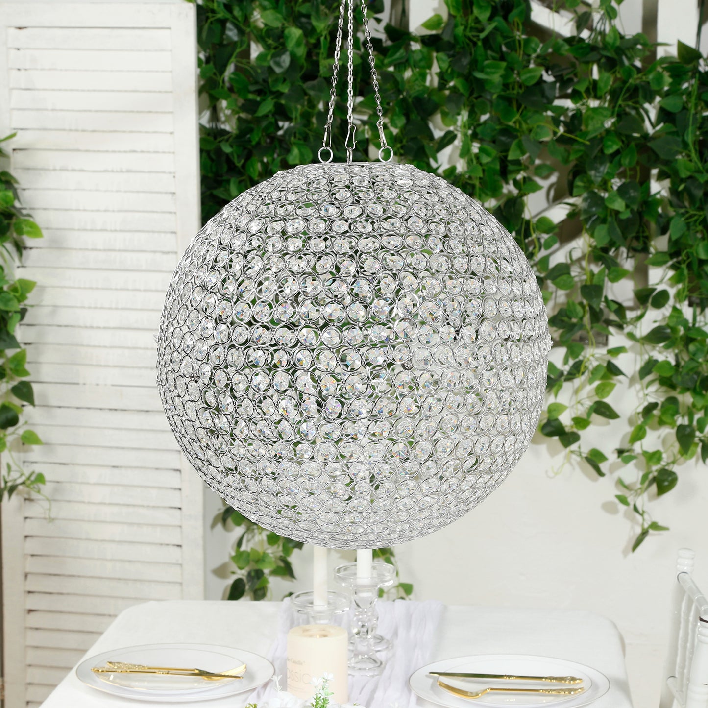 16" Crystal Globe Chandelier – Hanging Beaded Ball Pendant Light with Silver Metal Hook & Chain for Decorative Home Lighting