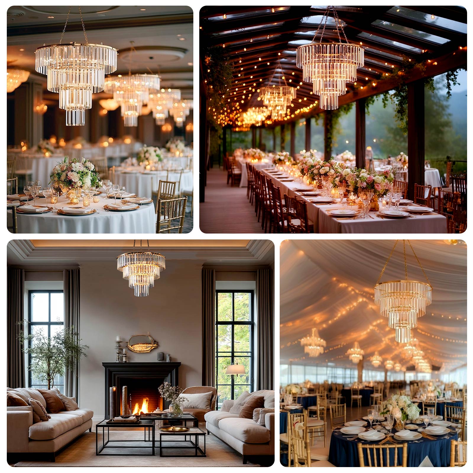 Crystal Pendant Chandelier with Gold Metal Frame, 4-Tier Round Hanging Light Fixture with Chain and Hook