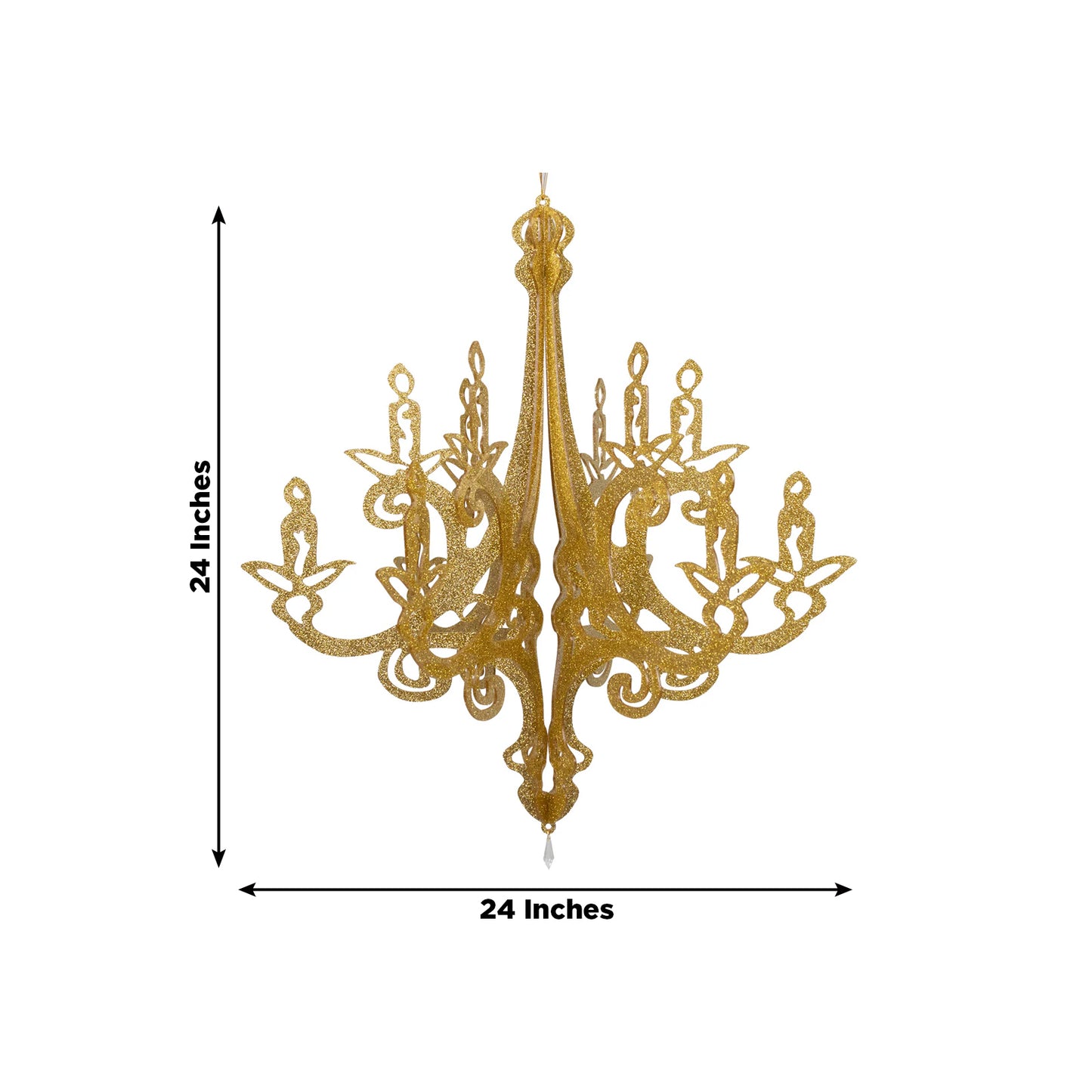 Gold glittered acrylic chandelier hanging decor with 3D interlocking cutout design.