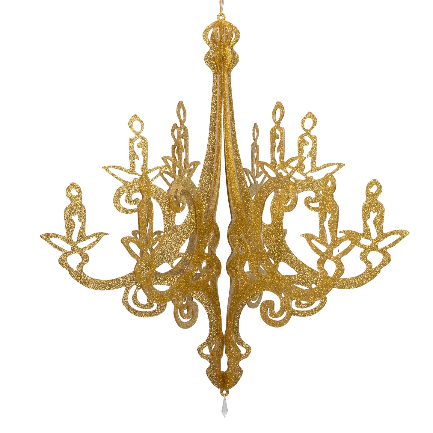 Gold glittered acrylic chandelier hanging decor with interlocking cutout design.