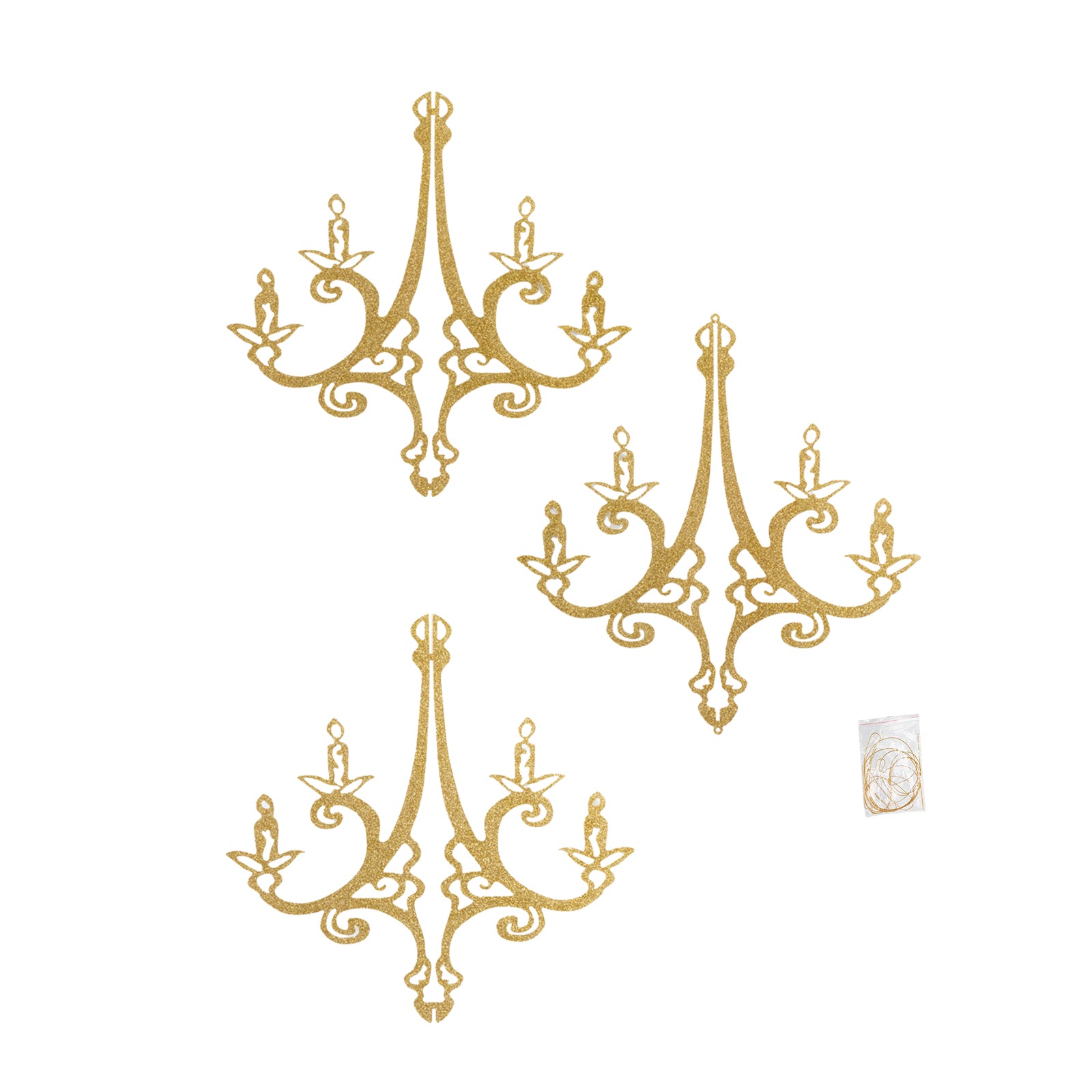 Gold glittered acrylic chandelier hanging decor with a 3D interlocking design.