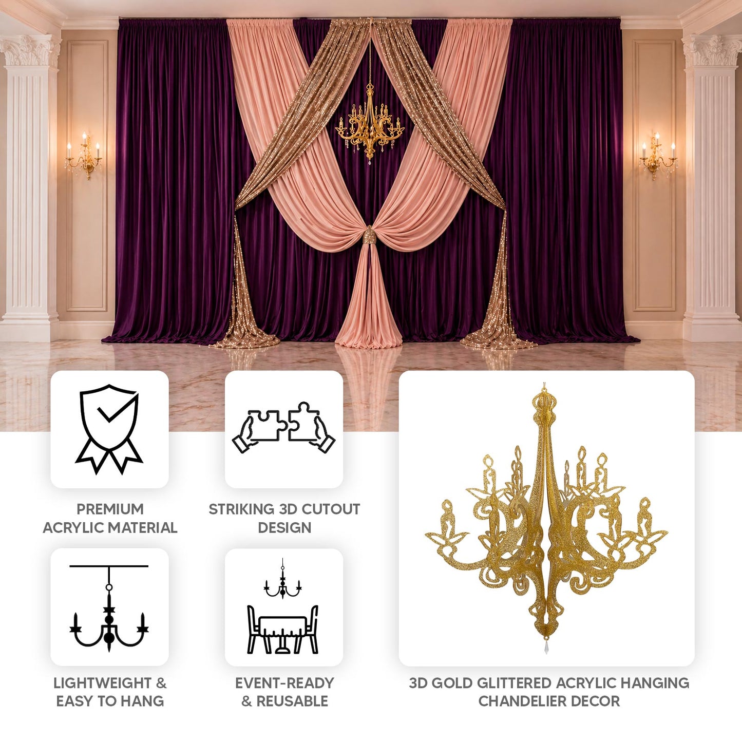 Gold glittered acrylic chandelier hanging decor with 3D interlocking design.