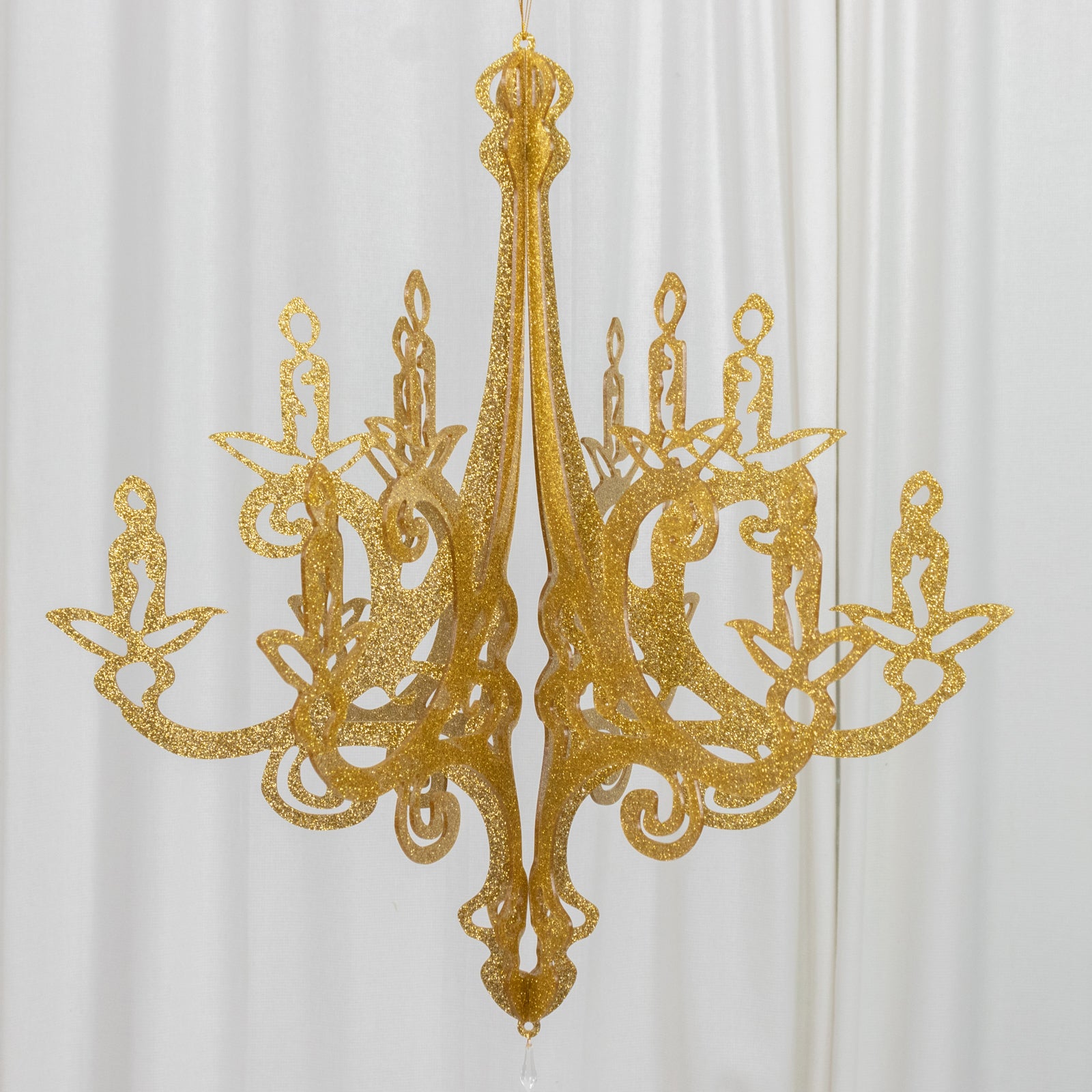 Gold glittered acrylic chandelier hanging decor with 3D cutout design.