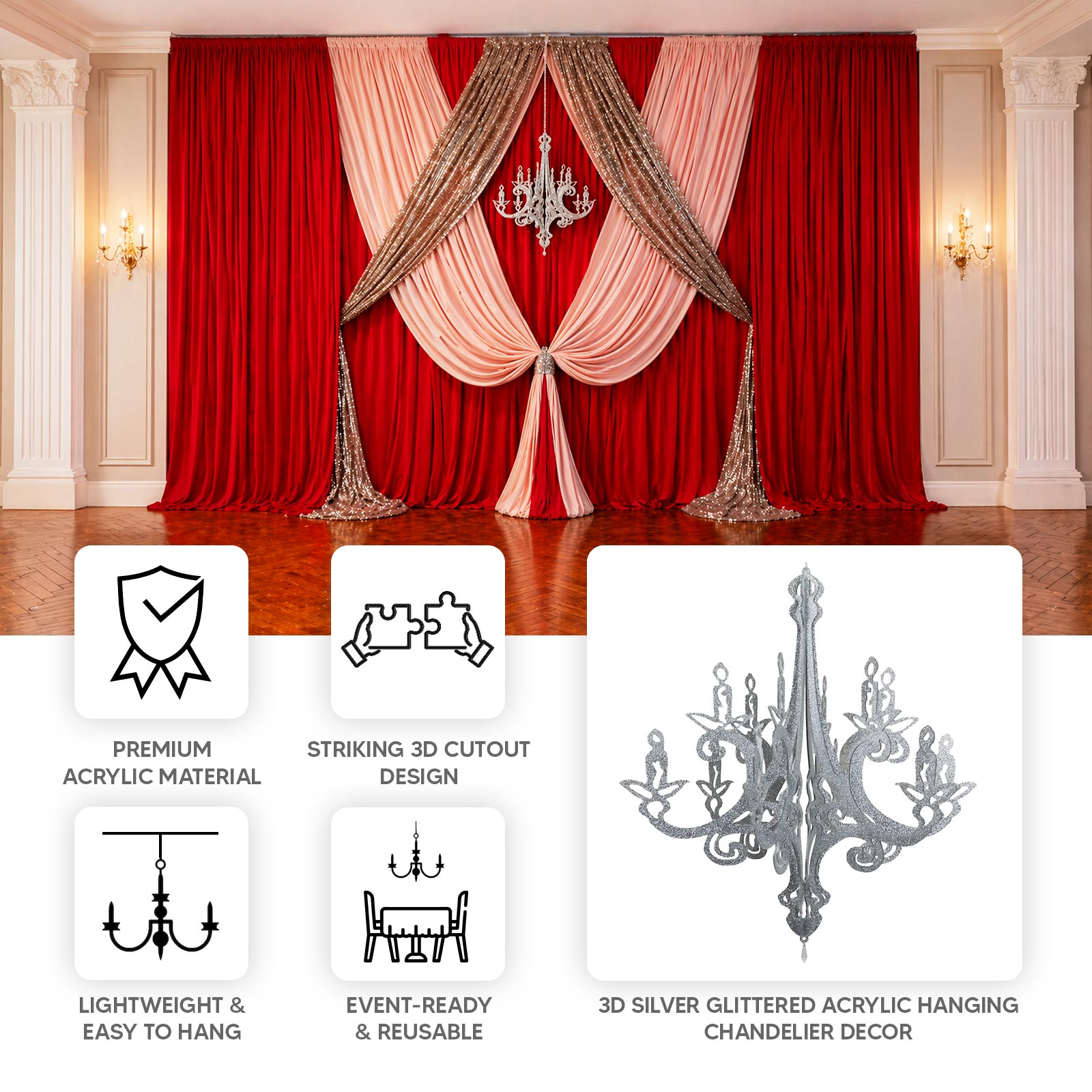 Silver glittered acrylic chandelier hanging decor with 3D interlocking cutout design.