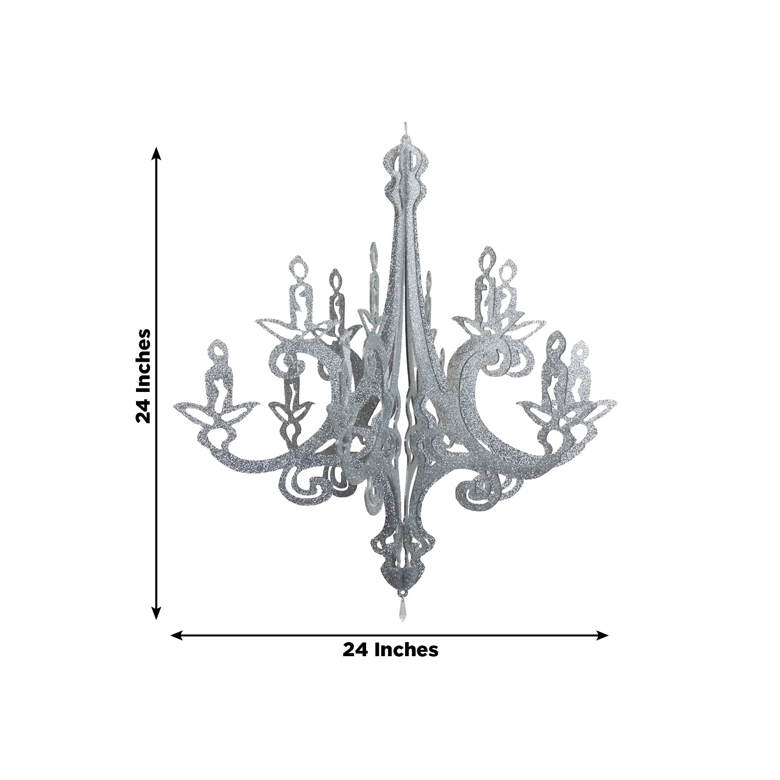 Silver glittered chandelier decor with 3D interlocking design, 24 inches wide.