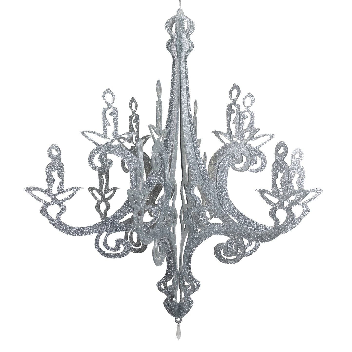 Silver glittered chandelier hanging decor with 3D interlocking design.