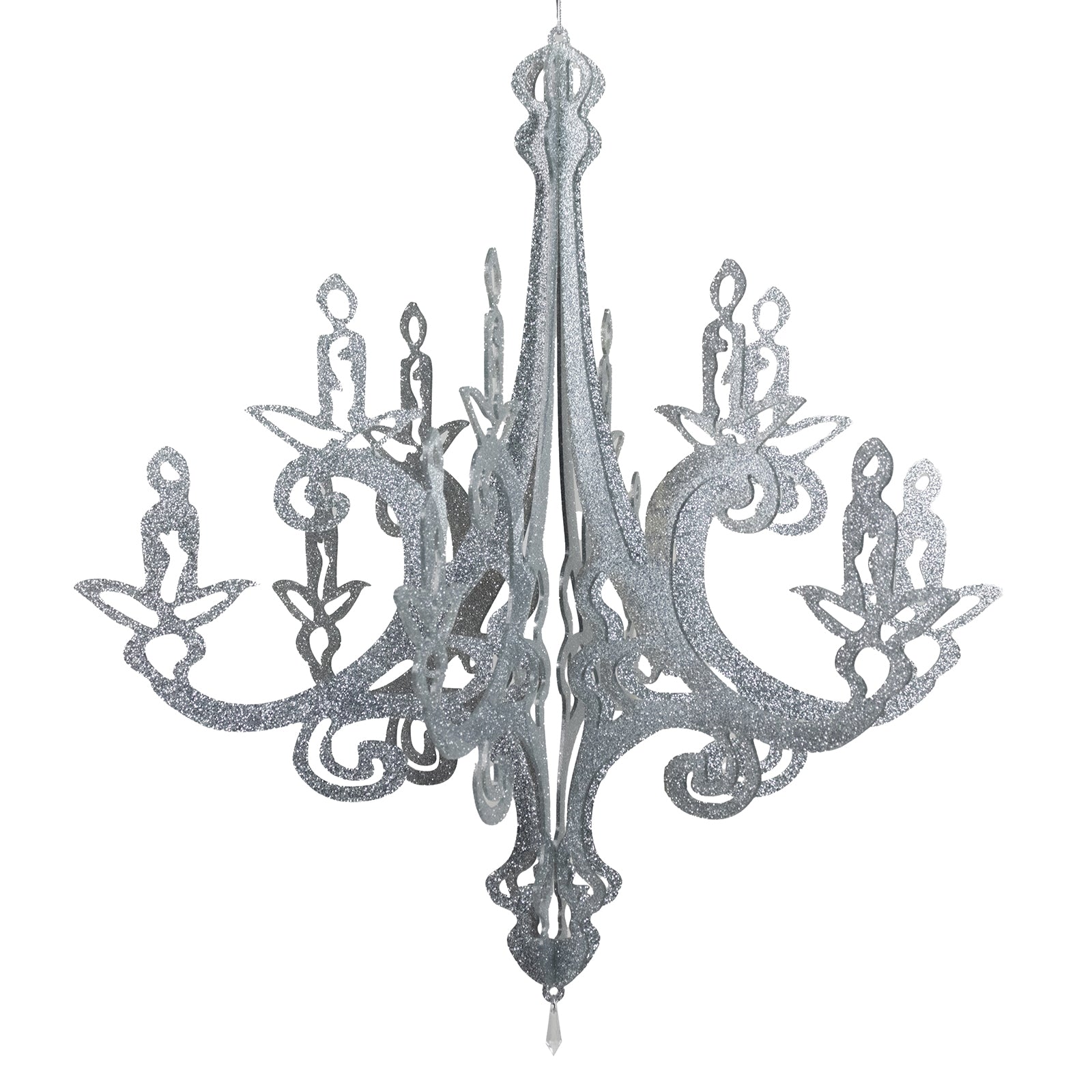 Silver glittered chandelier hanging decor with 3D interlocking design.