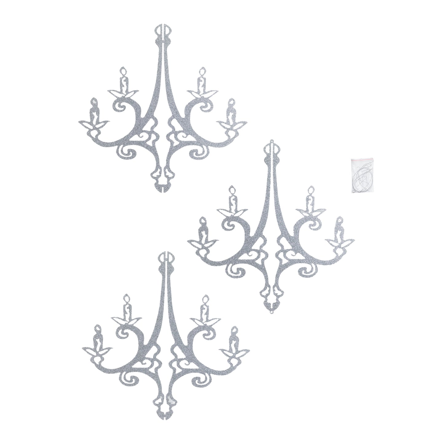 Silver glittered acrylic chandelier hanging decor in 3D interlocking design.