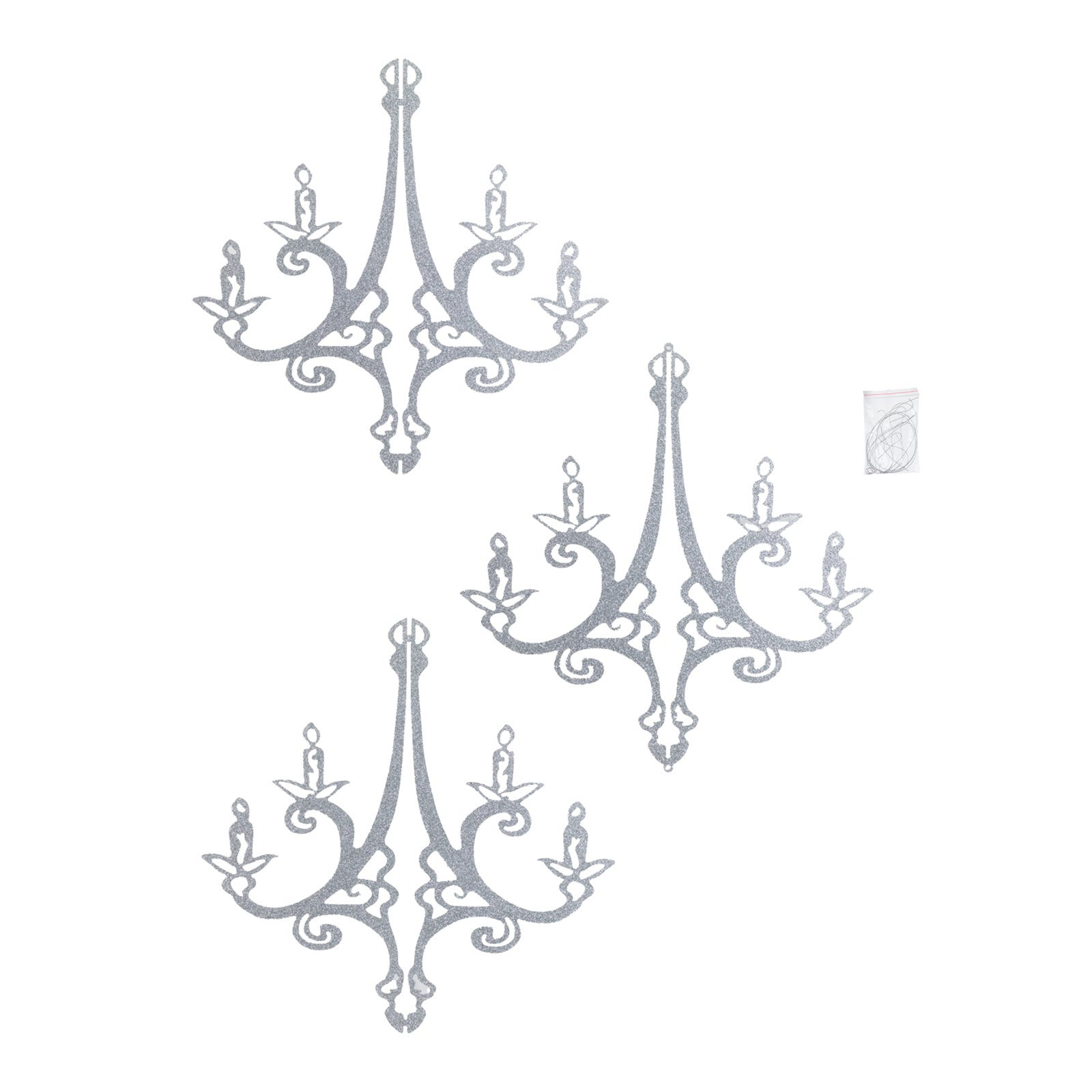 Silver glittered acrylic chandelier hanging decor in 3D interlocking design.