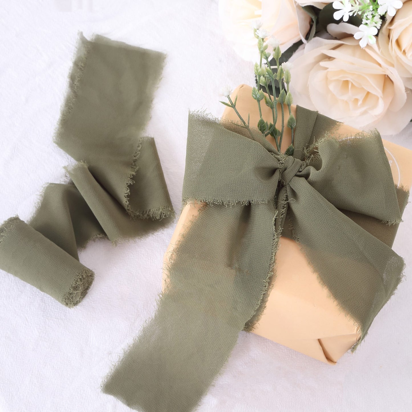 2 Pack 6yds Dusty Sage Green Silk-Like Chiffon Ribbon Roll, DIY Wedding Bouquet Linen Wrap