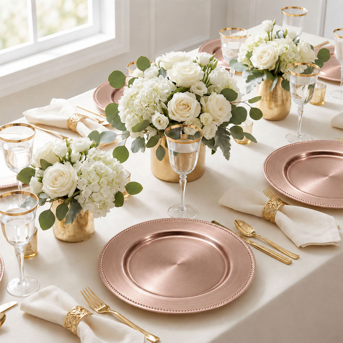 12 Pack Acrylic Round Charger Plates 13" in Rose Gold with Beaded Rim, Dinner Charger Event Tabletop
