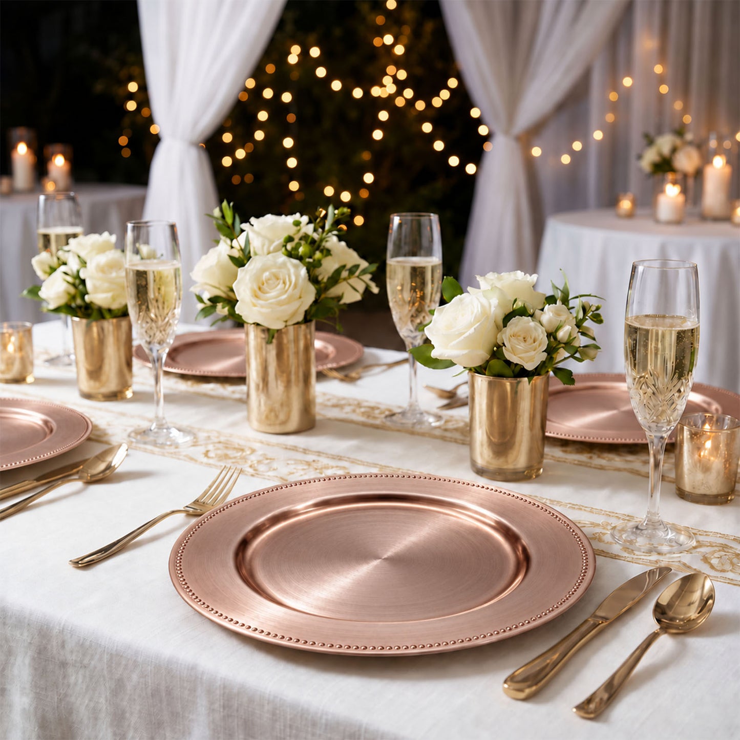 12 Pack Acrylic Round Charger Plates 13" in Rose Gold with Beaded Rim, Dinner Charger Event Tabletop