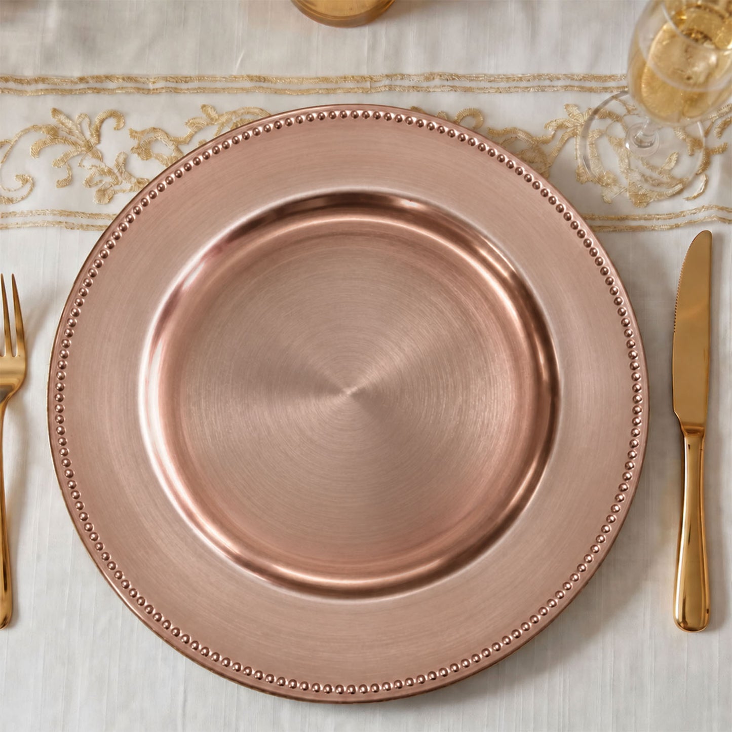 12 Pack Acrylic Round Charger Plates 13" in Rose Gold with Beaded Rim, Dinner Charger Event Tabletop
