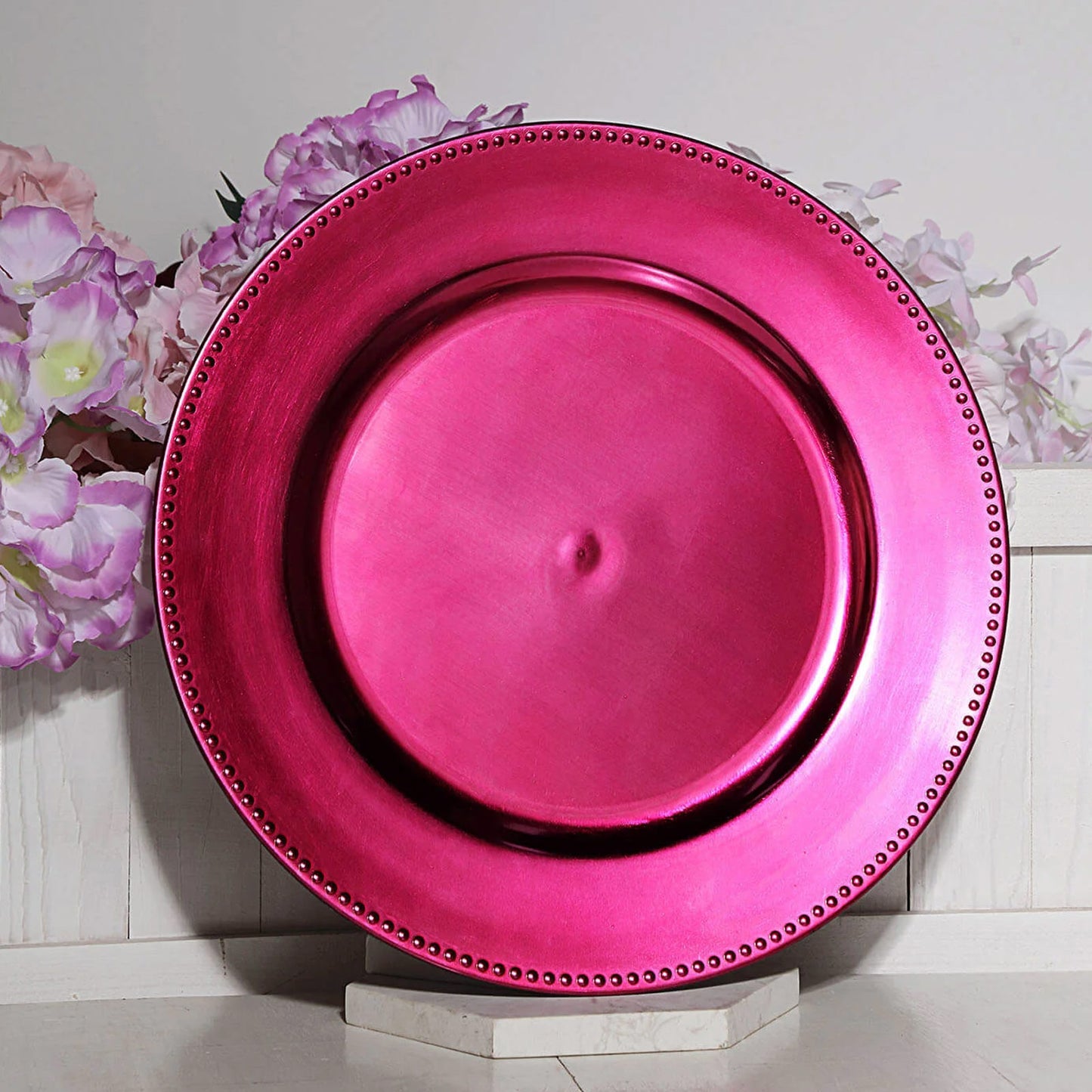 6 Pack 13" Beaded Hot Pink Acrylic Charger Plate, Plastic Round Dinner Charger Event Tabletop Decor