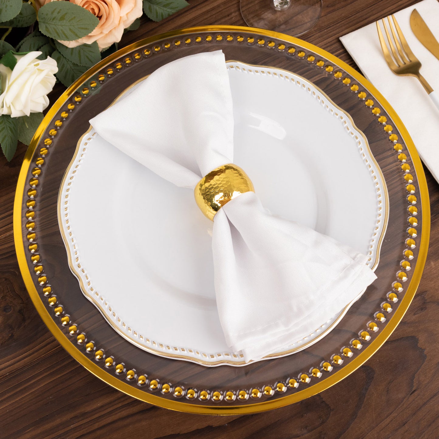 6 Pack 13" Beaded Clear Gold Acrylic Charger Plate, Plastic Round Dinner Charger Event Tabletop Decor