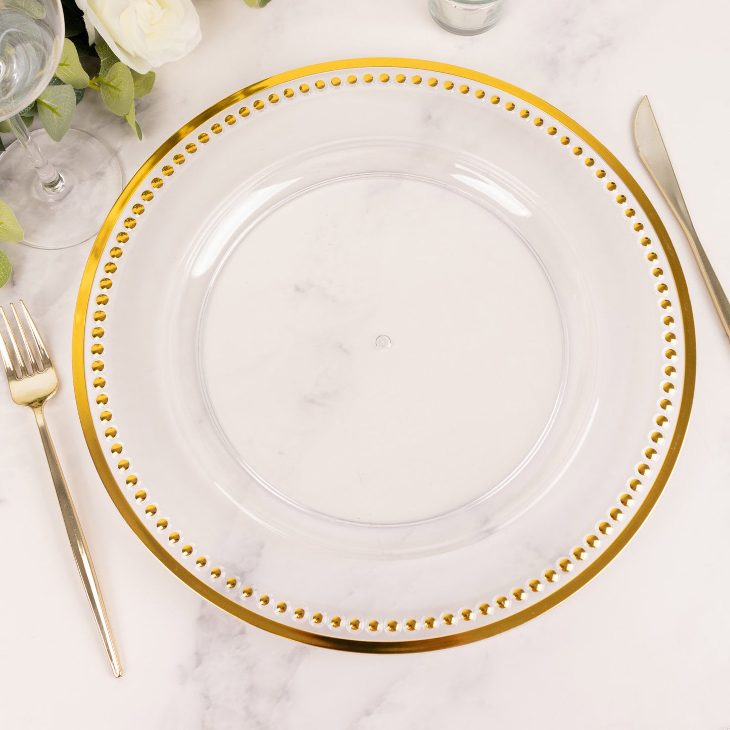 6 Pack 13" Beaded Clear Gold Acrylic Charger Plate, Plastic Round Dinner Charger Event Tabletop Decor