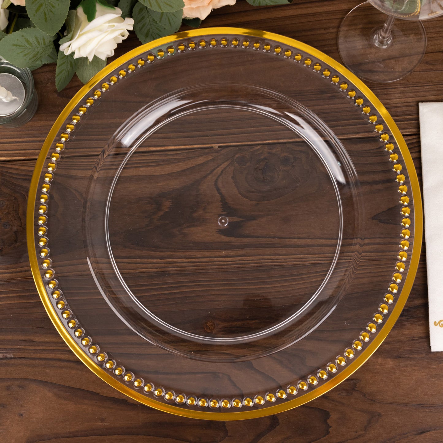6 Pack 13" Beaded Clear Gold Acrylic Charger Plate, Plastic Round Dinner Charger Event Tabletop Decor