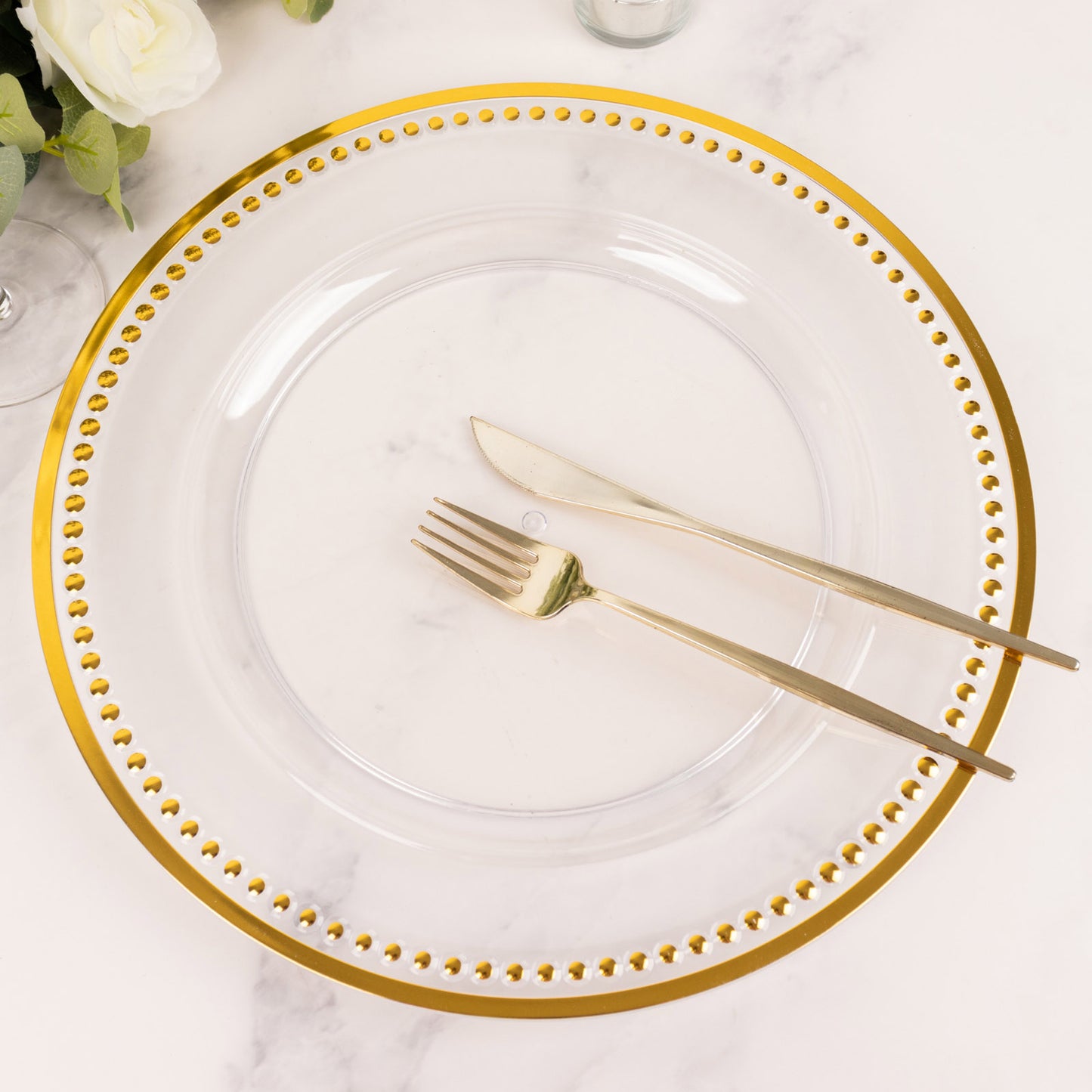 6 Pack 13" Beaded Clear Gold Acrylic Charger Plate, Plastic Round Dinner Charger Event Tabletop Decor