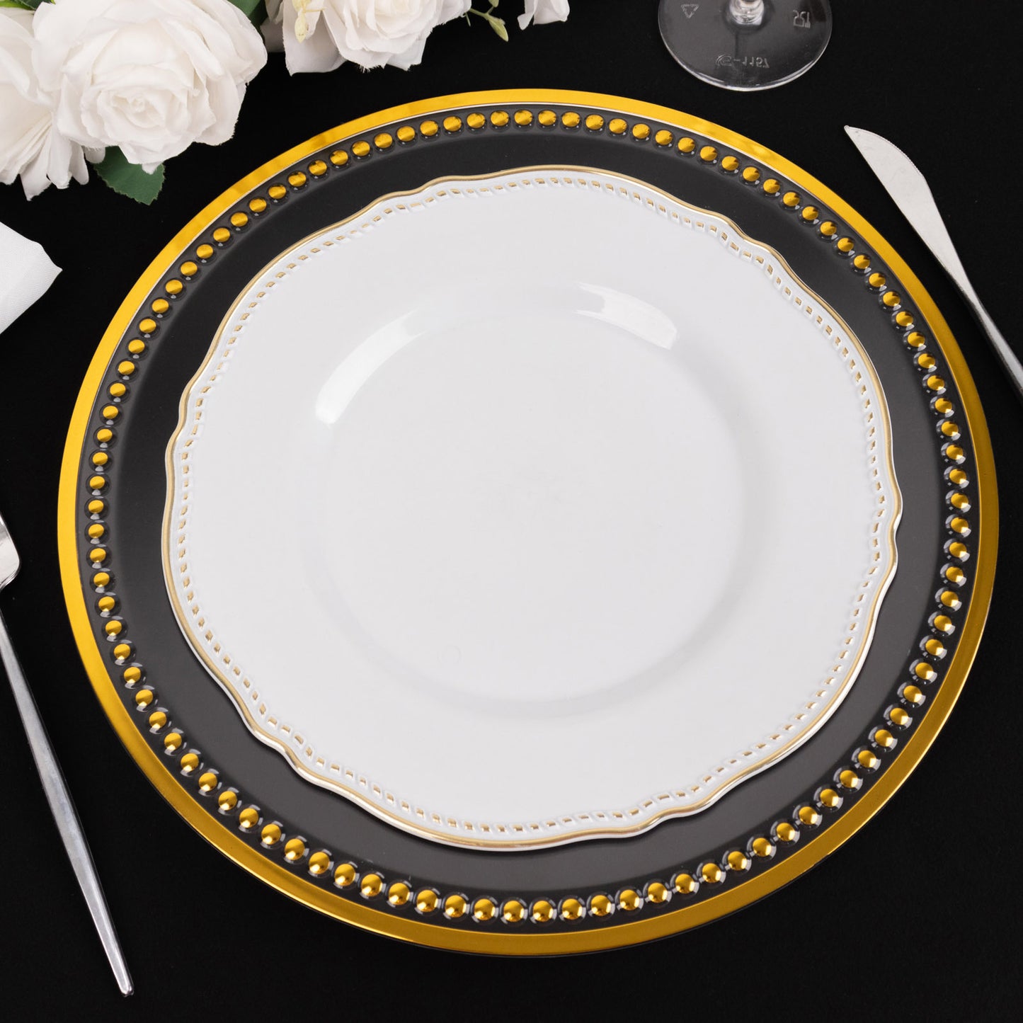 6 Pack 13" Beaded Clear Gold Acrylic Charger Plate, Plastic Round Dinner Charger Event Tabletop Decor