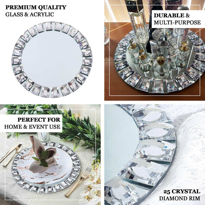 13" Silver Jeweled Rim Glass Mirror Charger Plates - Set of 2