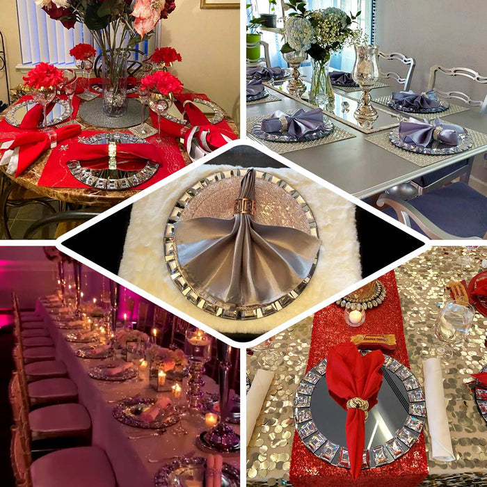 Silver jeweled rim charger plates on elegant table settings.