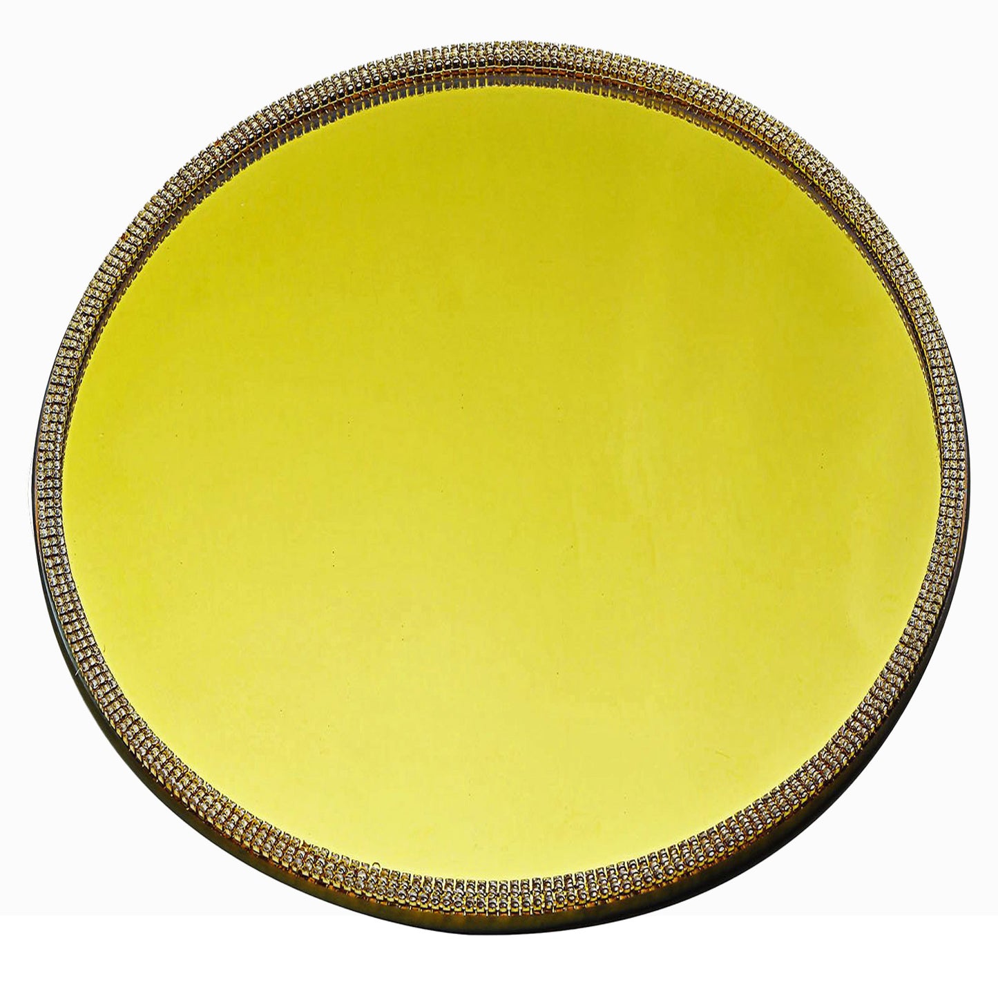 Metallic gold mirror glass charger plate with rhinestone rim.