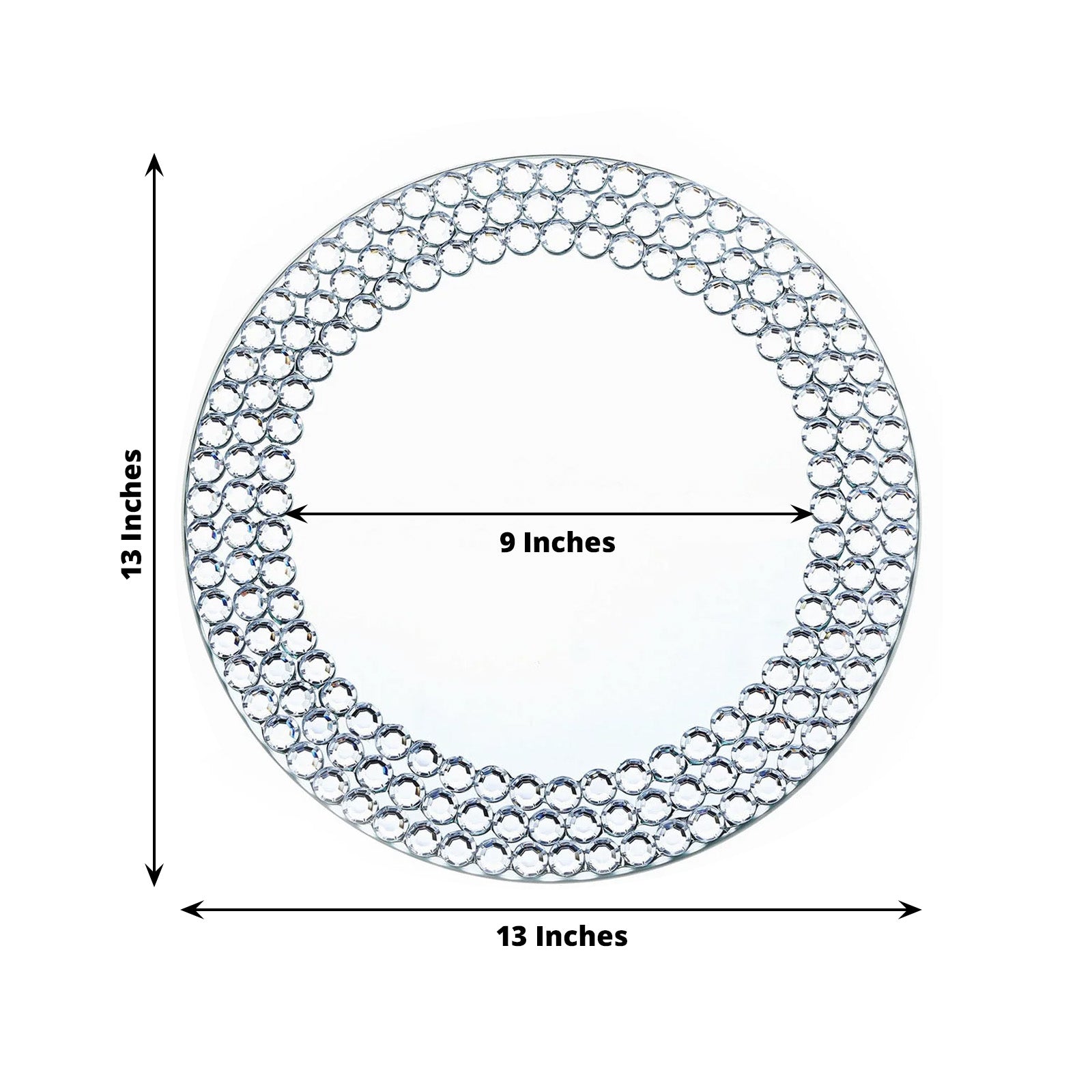 Silver round mirror charger plate with diamond beaded rim, 13 inches.
