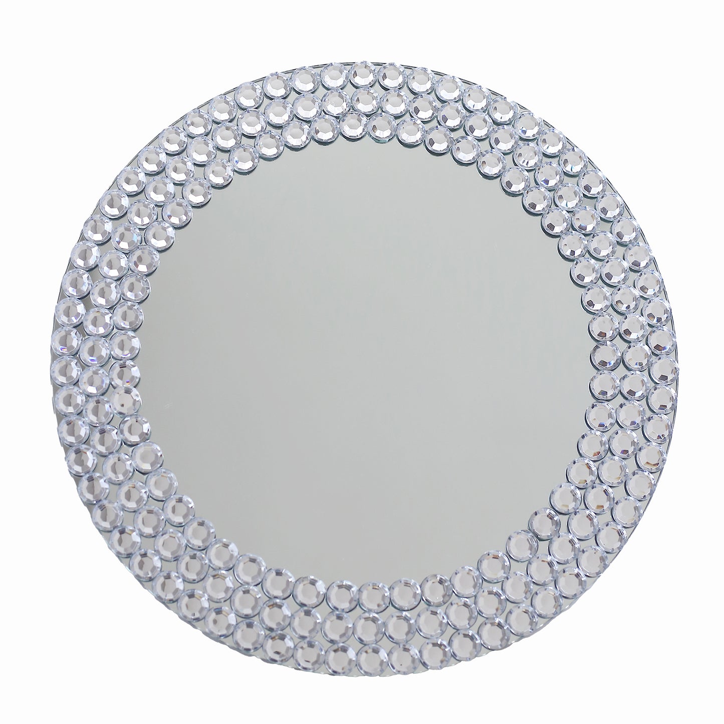 Silver round mirror charger plate with diamond beaded rim.