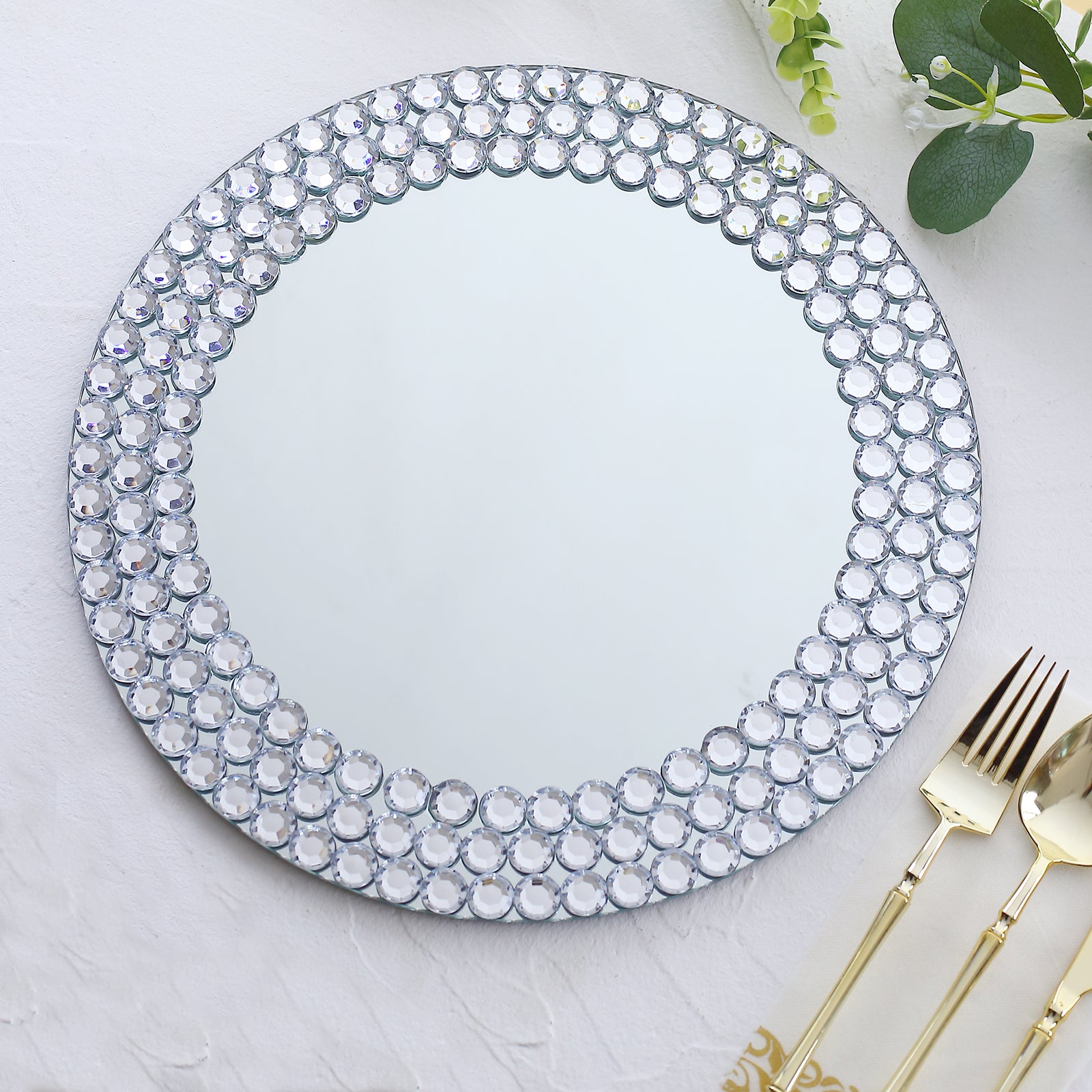 13" Round Silver Mirror Glass Charger Plate with Diamond Beaded Rim