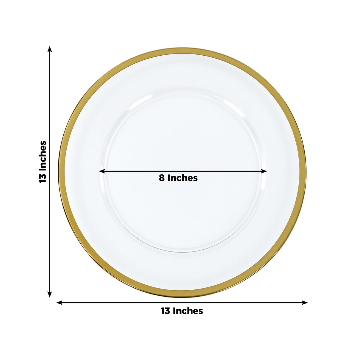 8 Pack 13" Round Glass Charger Plates Clear with Metallic Gold Rim, Decorative Dinner Party Serving 