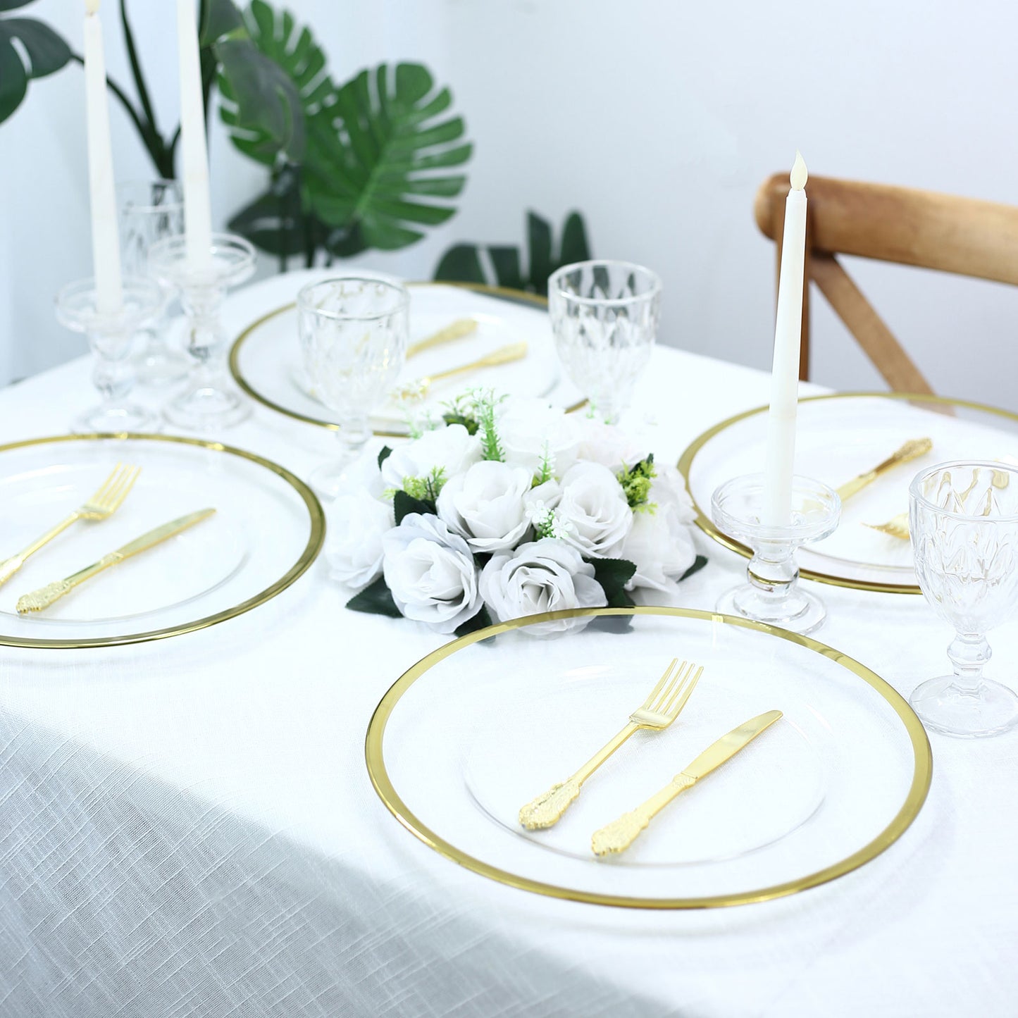 8 Pack 13" Round Glass Charger Plates Clear with Metallic Gold Rim, Decorative Dinner Party Serving 