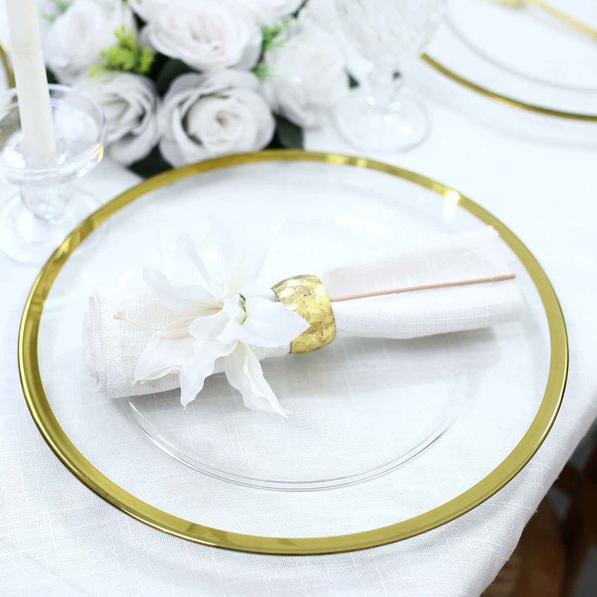 8 Pack 13" Round Glass Charger Plates Clear with Metallic Gold Rim, Decorative Dinner Party Serving 