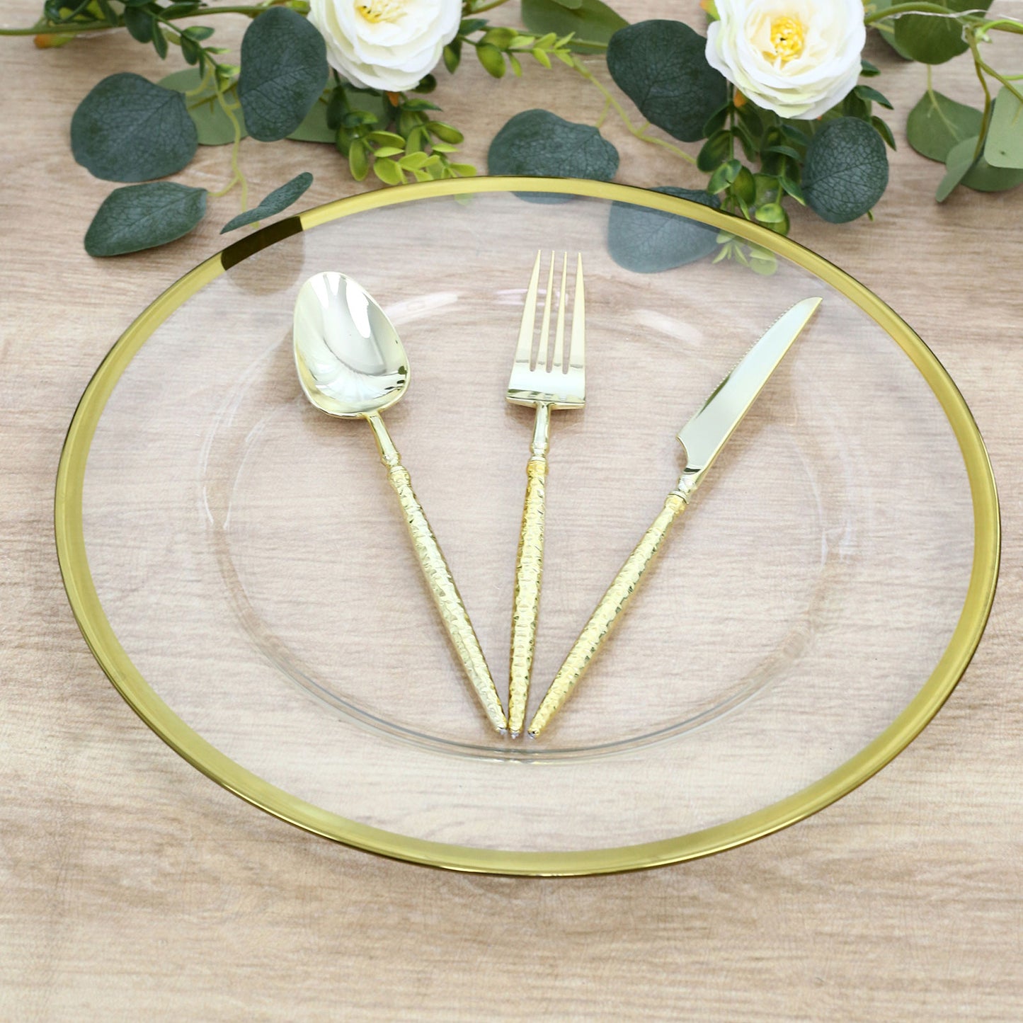 8 Pack 13" Round Glass Charger Plates Clear with Metallic Gold Rim, Decorative Dinner Party Serving 