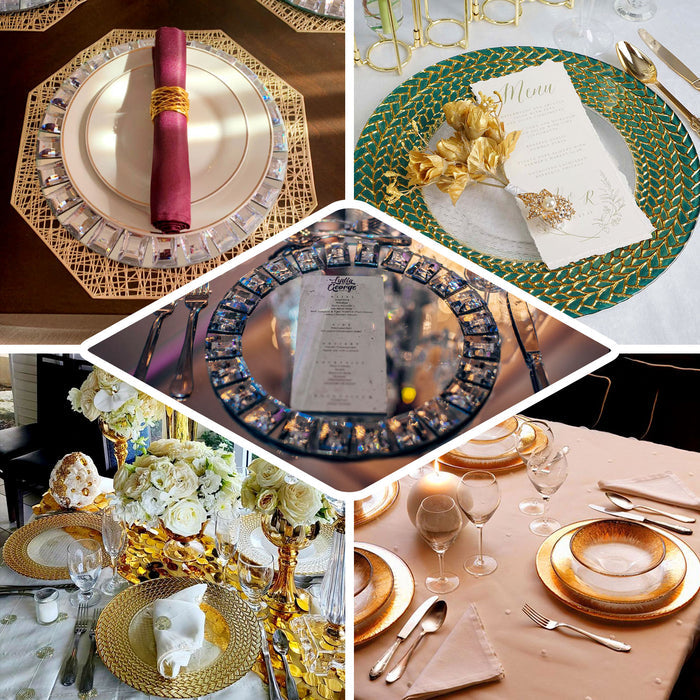 Silver round charger plates with diamond beaded rim, elegant table setting.