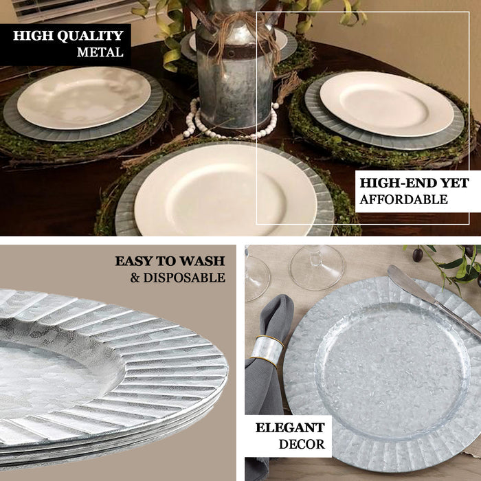 Silver galvanized metal charger plates with ruffled rim on a dining table.