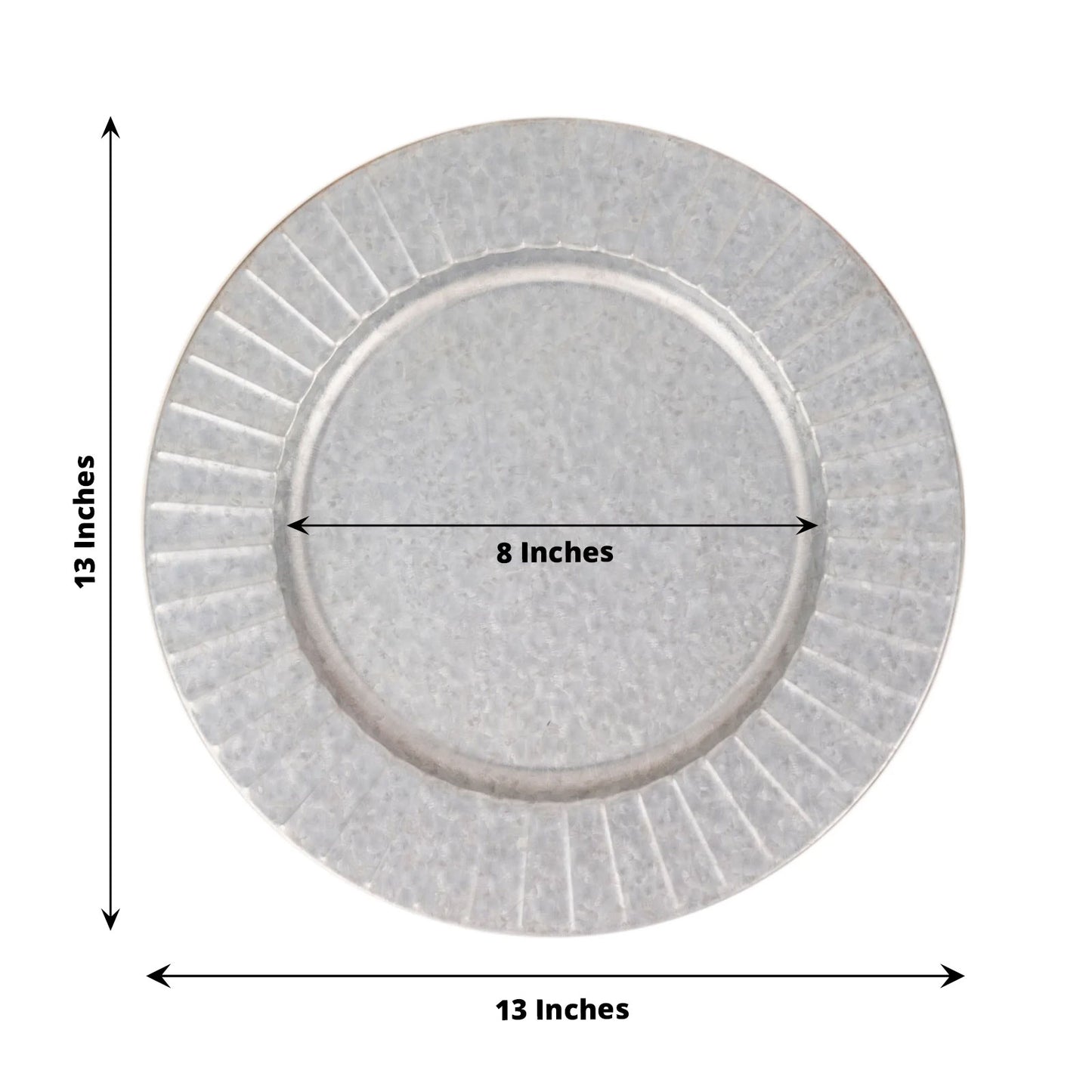 13" silver galvanized metal charger plate with ruffled rim.