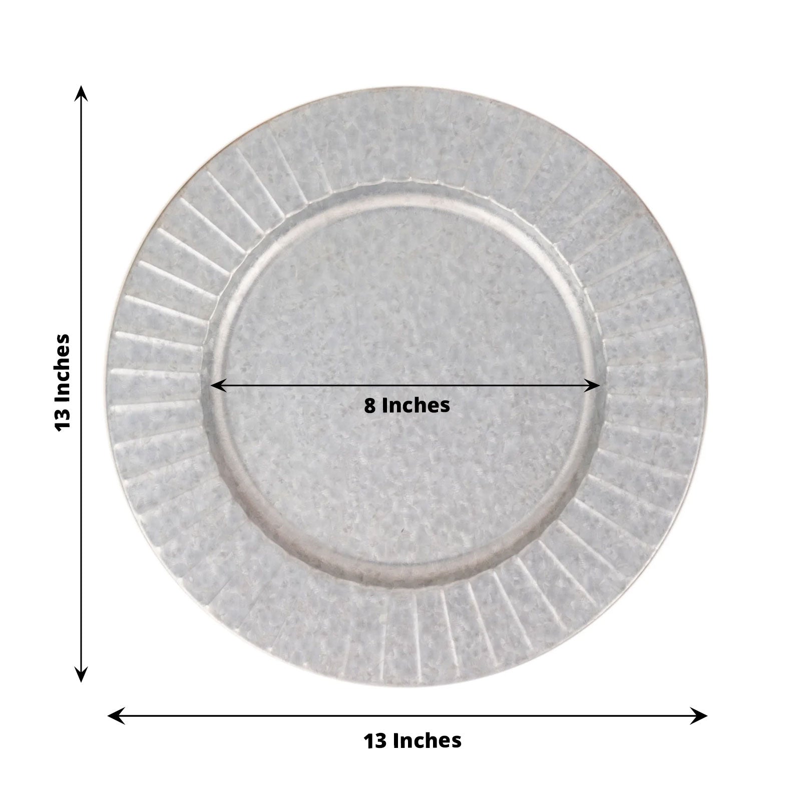 13" silver galvanized metal charger plate with ruffled rim.