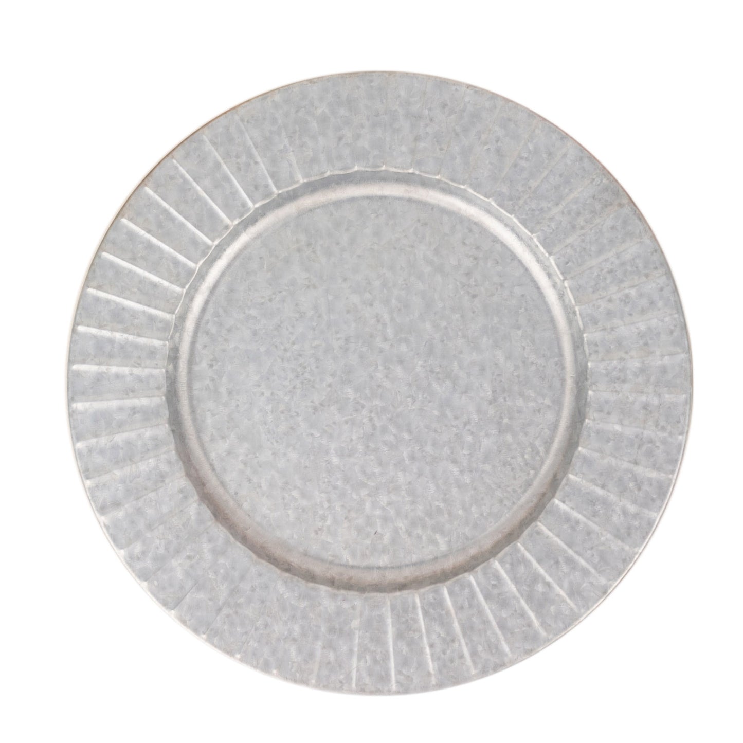 Silver galvanized metal charger plate with ruffled rim.