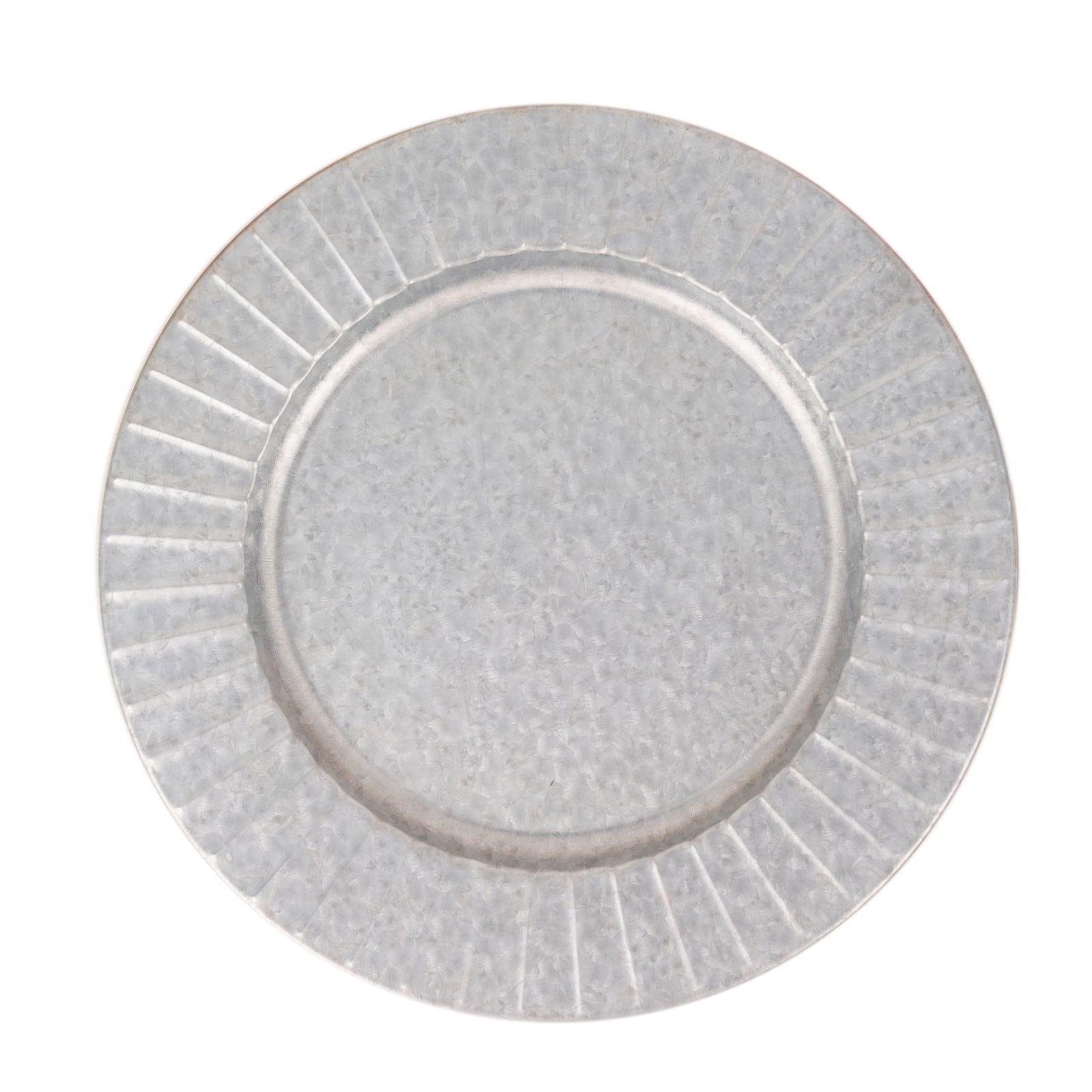 Silver galvanized metal charger plate with ruffled rim.