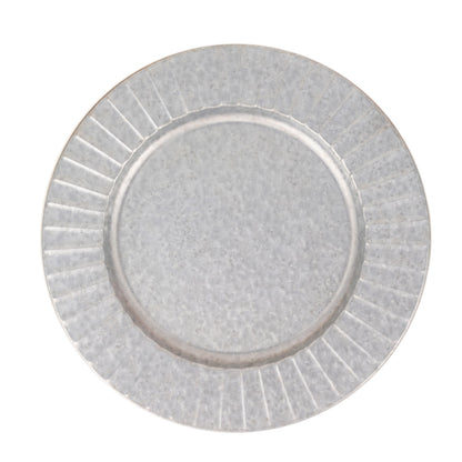 Silver galvanized metal charger plate with ruffled rim.