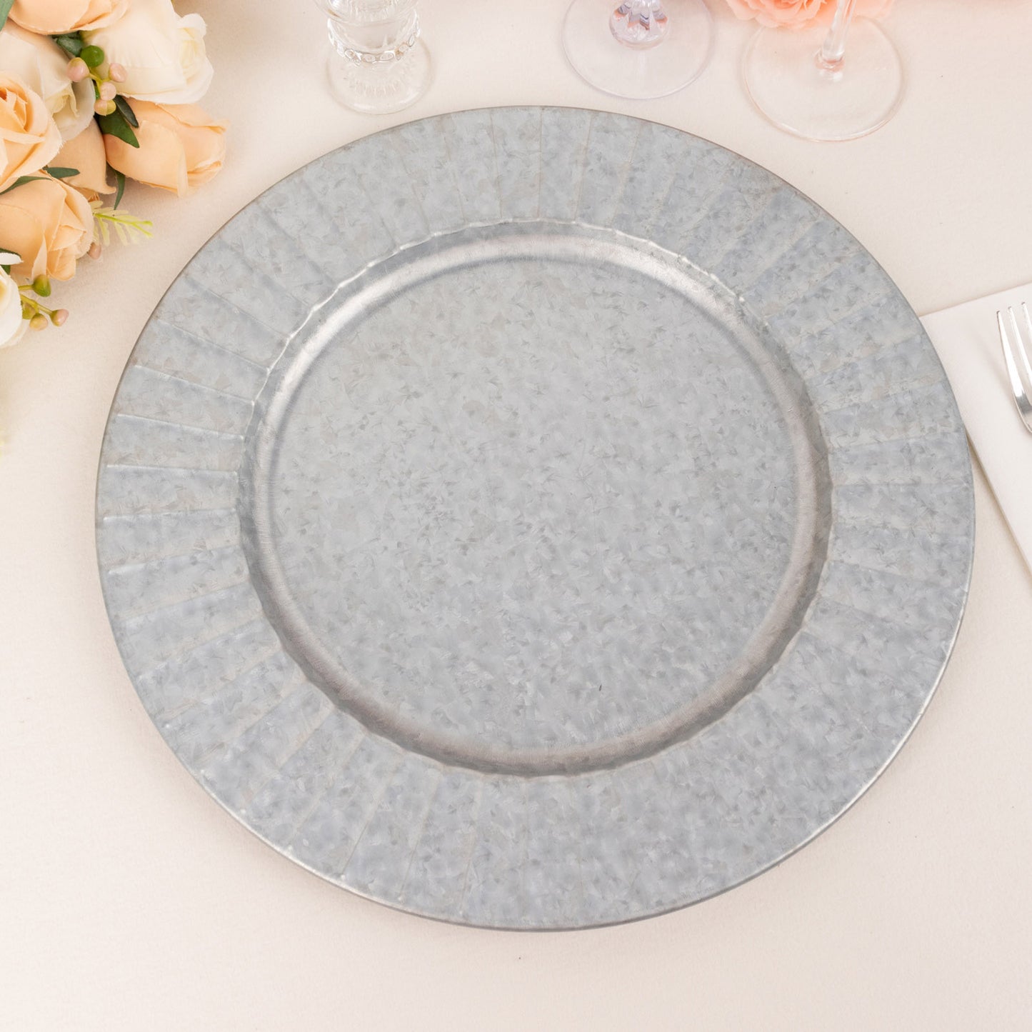 13" Silver Galvanized Metal Charger Plate With Ruffled Rim