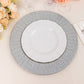 13" silver galvanized metal charger plate with ruffled rim, set on a table.