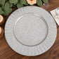 Silver galvanized metal charger plate with ruffled rim.