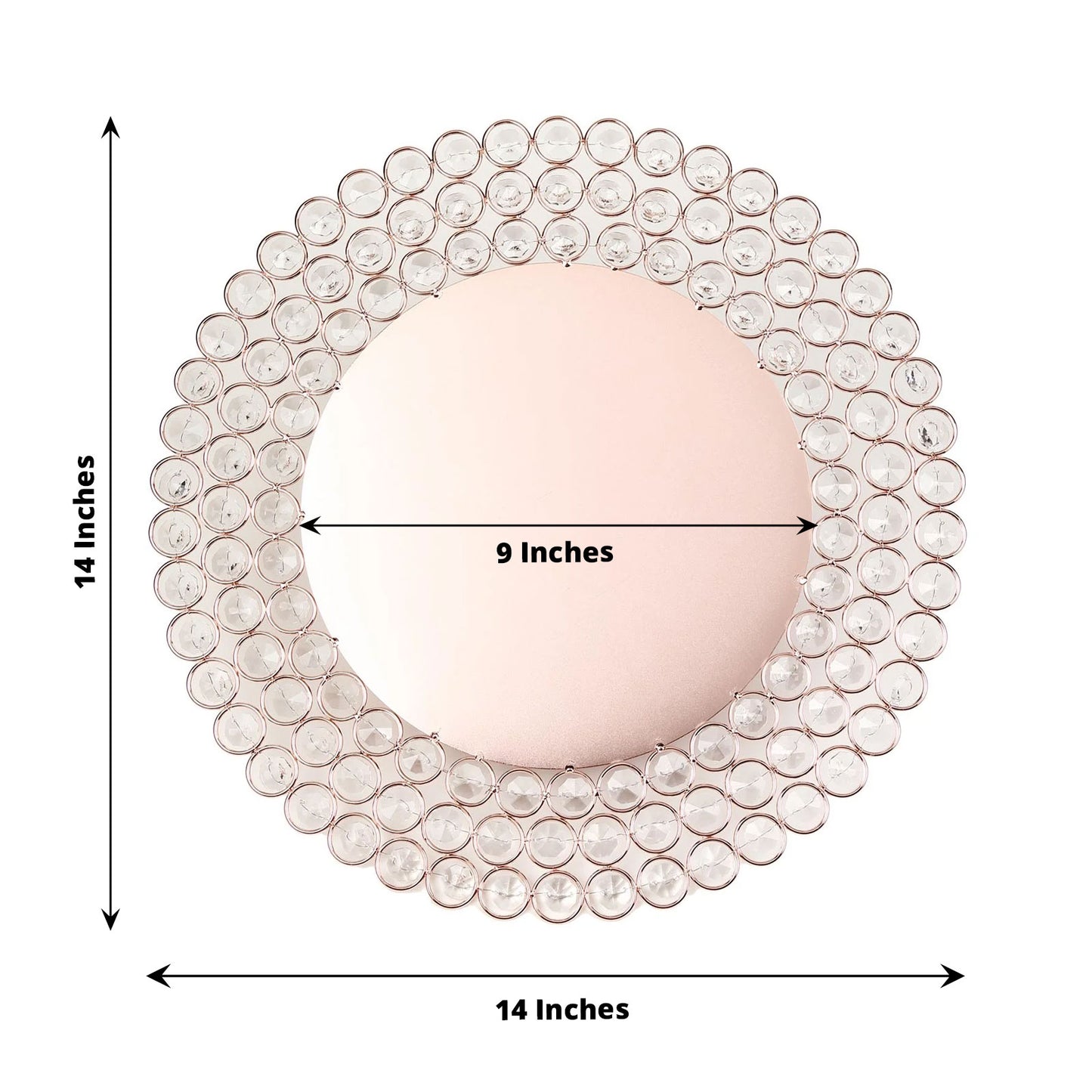 14" rose gold acrylic crystal beaded charger plate with a reflective surface.