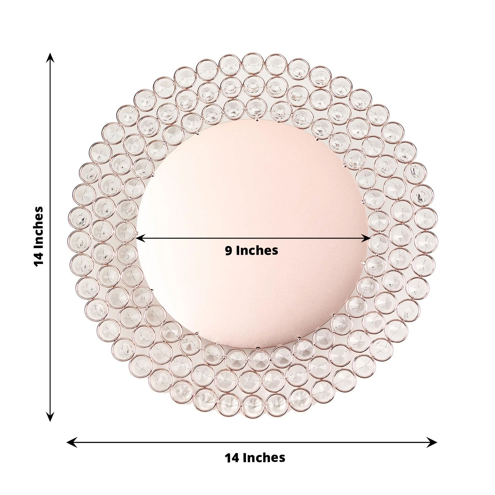 14" rose gold acrylic crystal beaded charger plate with a reflective surface.