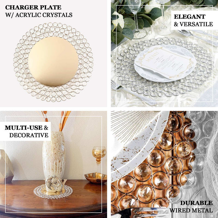Gold acrylic crystal beaded charger plate for elegant table settings.