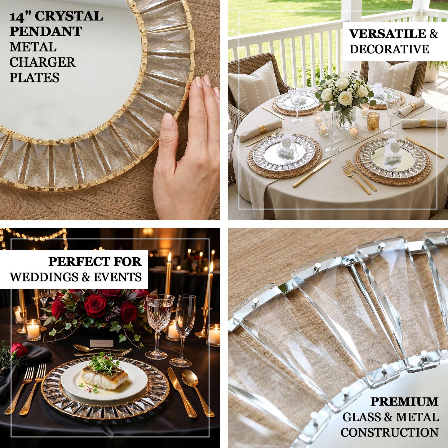2 Pack 14" Crystal Pendant Metal Charger Plates – Gold Mirror Glass Decorative Round Table Chargers