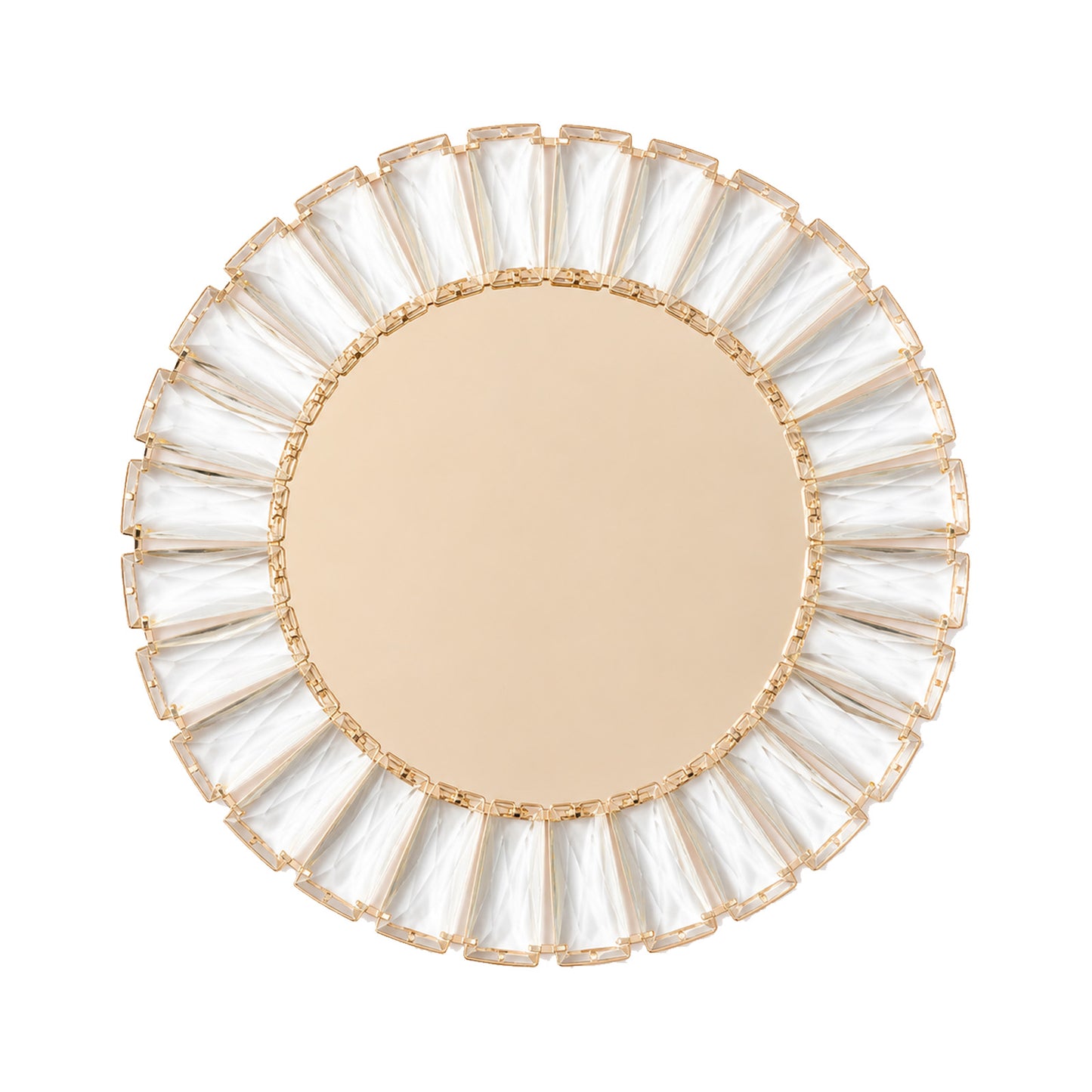 Gold crystal pendant charger plate, decorative round table accessory.