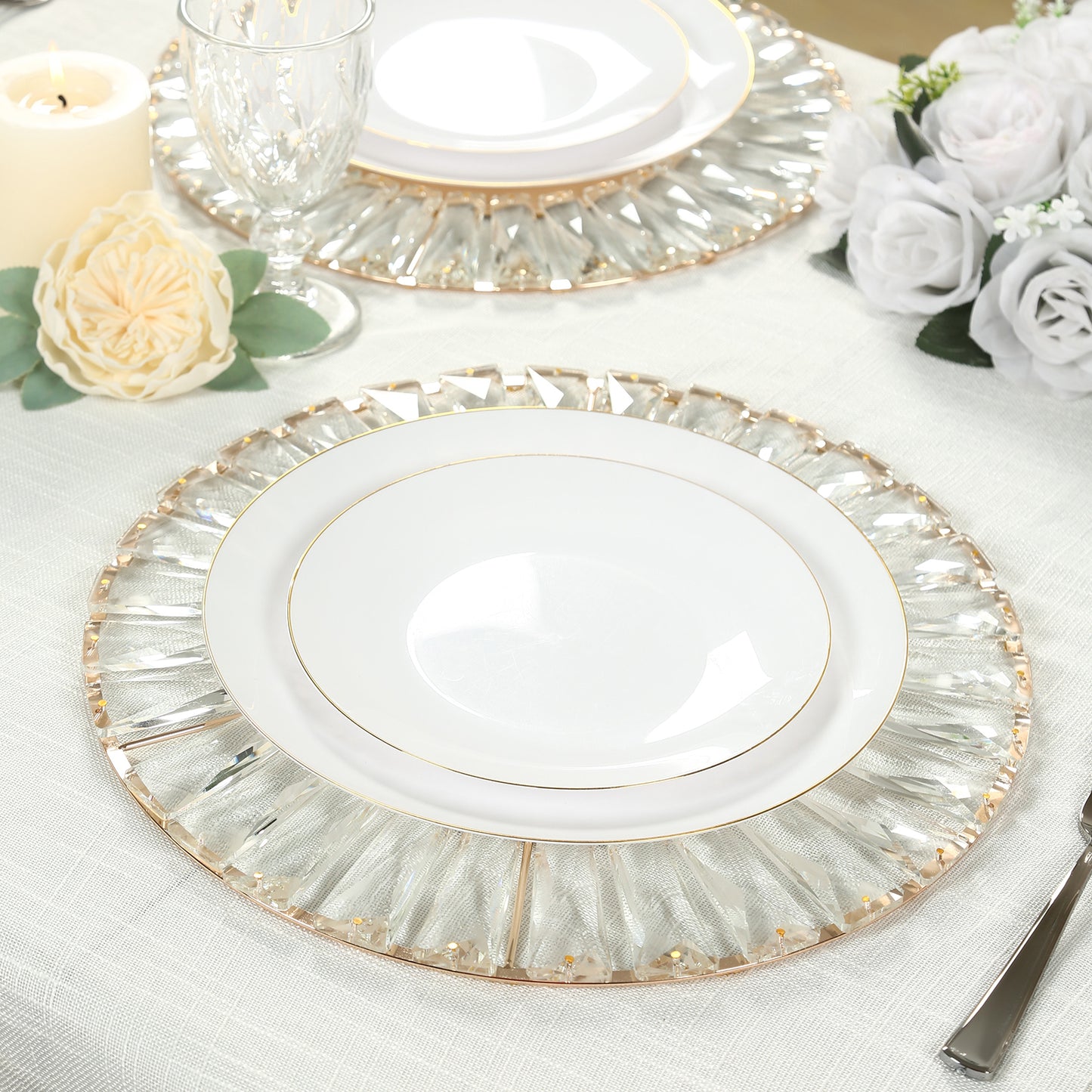 2 Pack 14" Crystal Pendant Metal Charger Plates – Gold Mirror Glass Decorative Round Table Chargers