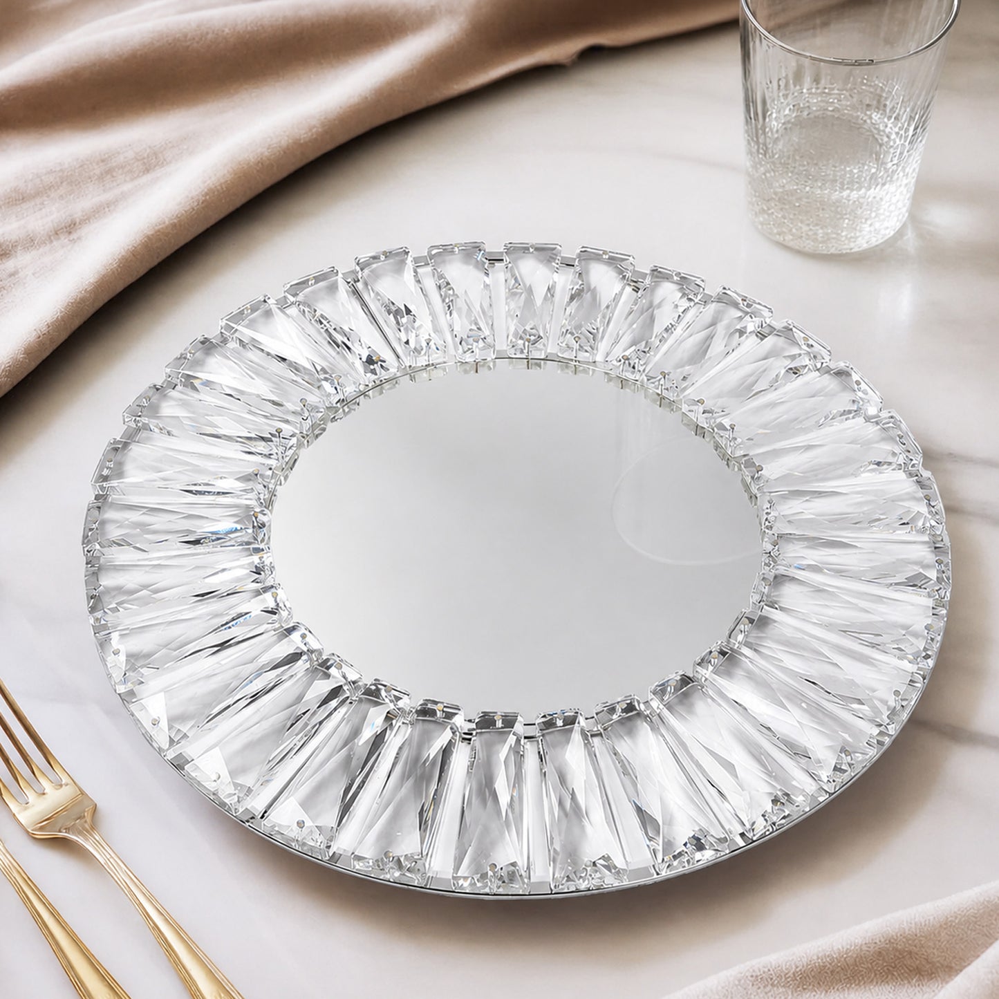 2 Pack 14" Crystal Pendant Metal Charger Plates – Silver Mirror Glass Decorative Round Table Charger